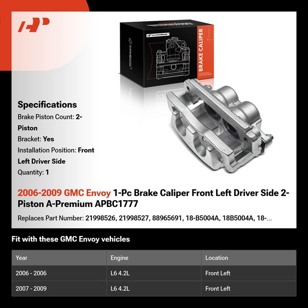 2006-2009 GMC Envoy 1-Pc Brake Caliper Front Left Driver Side 2-Piston A-Premium APBC1777