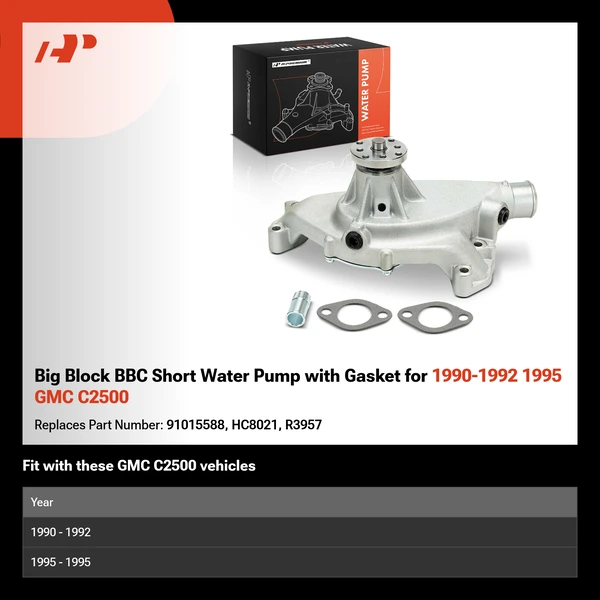 Big Block BBC Short Water Pump with Gasket for 1990-1992 1995 GMC C2500