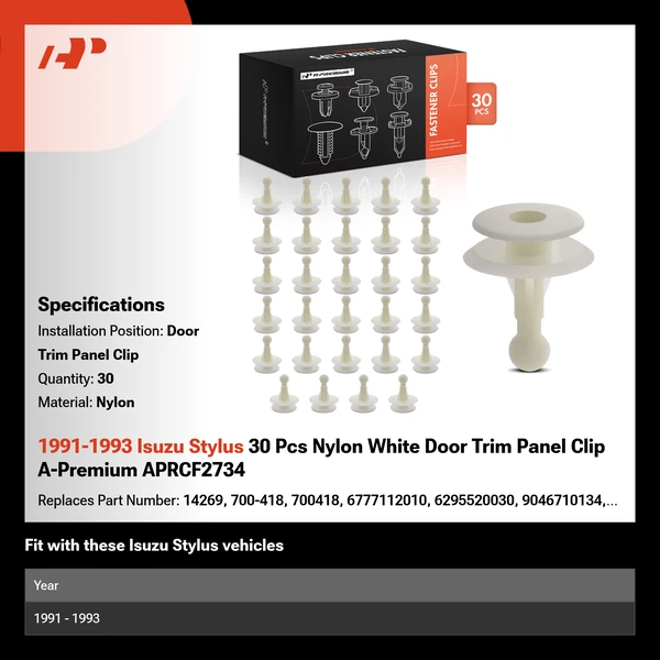 1991-1993 Isuzu Stylus 30 Pcs Nylon White Door Trim Panel Clip A-Premium APRCF2734