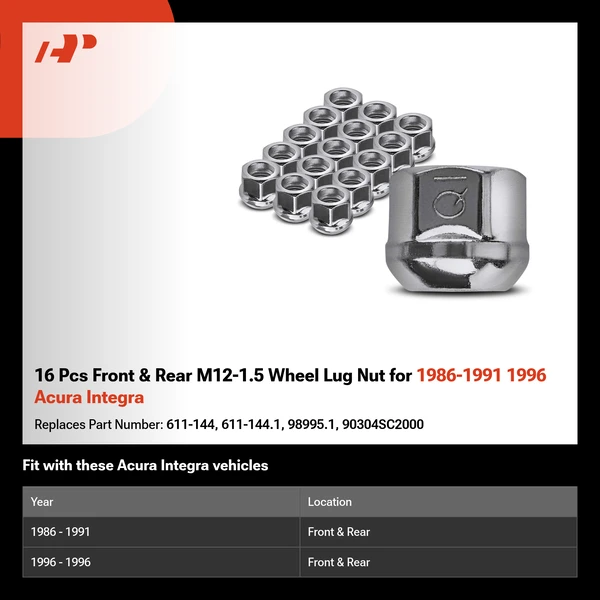 16 Pcs Front & Rear M12-1.5 Wheel Lug Nut for 1986-1991 1996 Acura Integra
