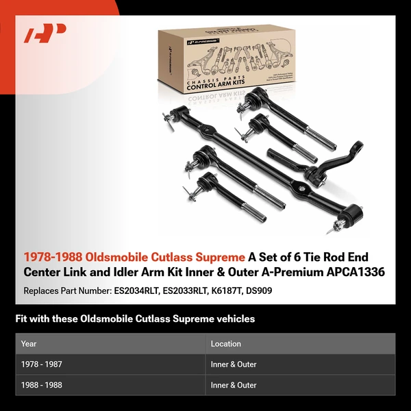1978-1988 Oldsmobile Cutlass Supreme A Set of 6 Tie Rod End Center Link and Idler Arm Kit Inner & Outer A-Premium APCA1336