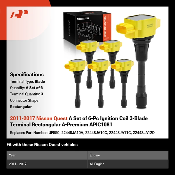 2011-2017 Nissan Quest A Set of 6-Pc Ignition Coil 3-Blade Terminal Rectangular A-Premium APIC1081