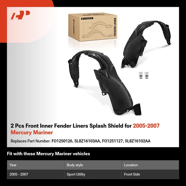 2 Pcs Front Inner Fender Liners Splash Shield for 2005-2007 Mercury Mariner