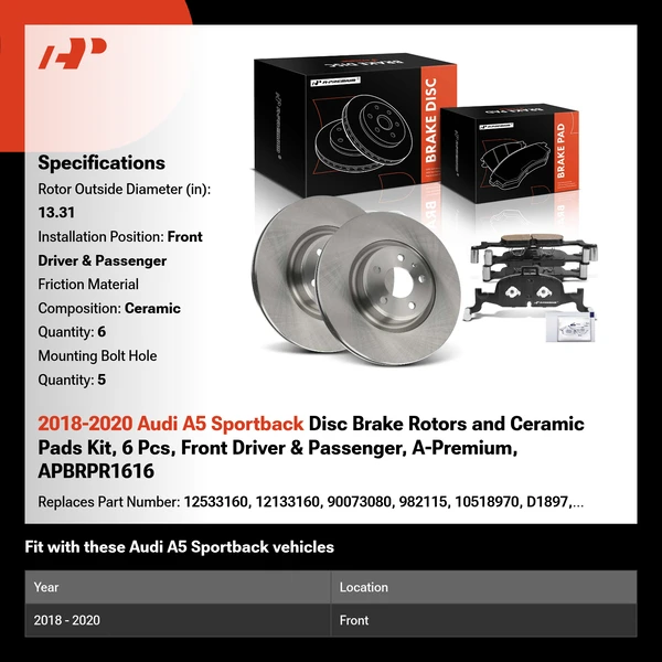 2018-2020 Audi A5 Sportback Disc Brake Rotors and Ceramic Pads Kit, 6 Pcs, Front Driver & Passenger, A-Premium, APBRPR1616