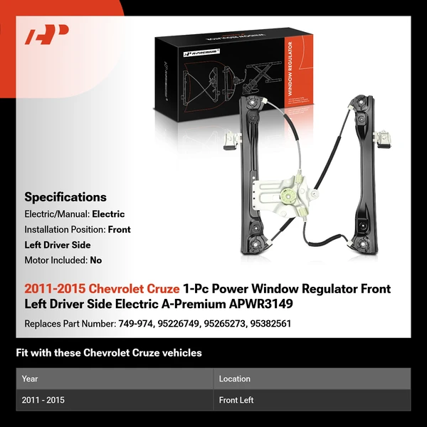 2011-2015 Chevrolet Cruze 1-Pc Power Window Regulator Front Left Driver Side Electric A-Premium APWR3149