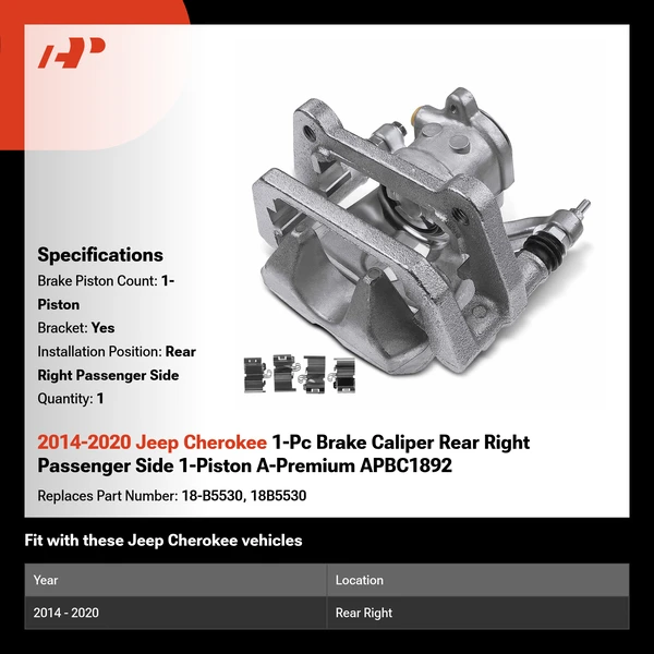 2014-2020 Jeep Cherokee 1-Pc Brake Caliper Rear Right Passenger Side 1-Piston A-Premium APBC1892