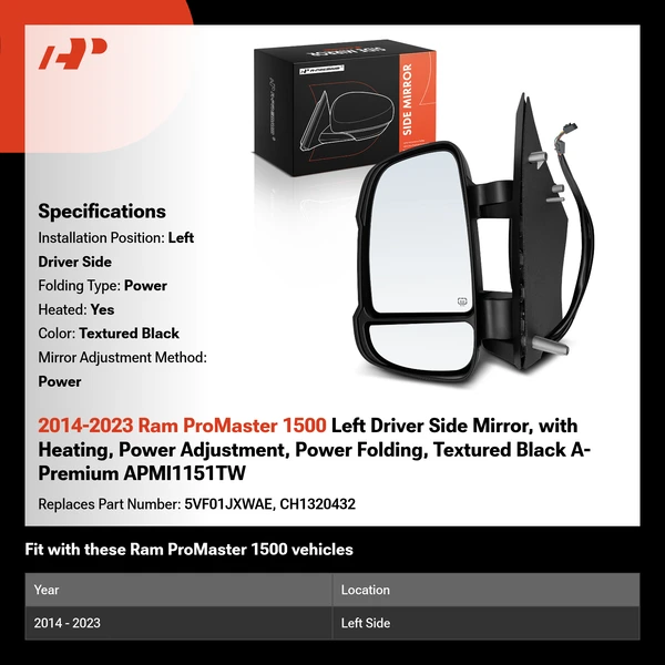 2014-2023 Ram ProMaster 1500 Left Driver Side Mirror, with Heating, Power Adjustment, Power Folding, Textured Black A-Premium APMI1151TW