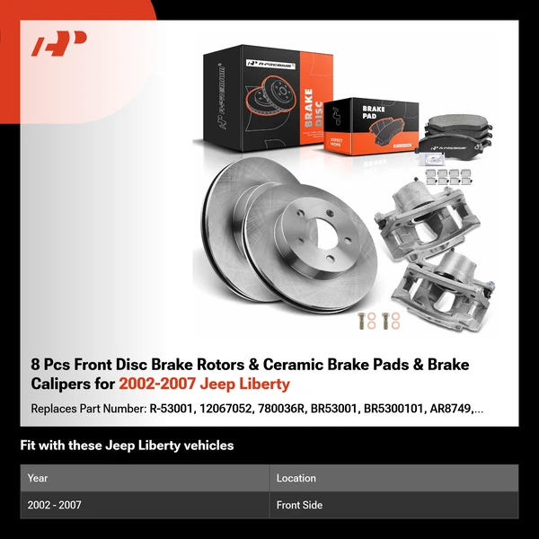 8 Pcs Front Disc Brake Rotors & Ceramic Brake Pads & Brake Calipers for 2002-2007 Jeep Liberty