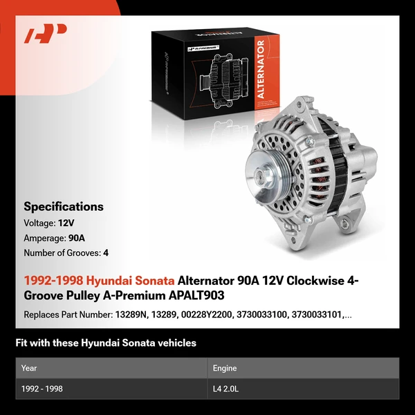 1992-1998 Hyundai Sonata Alternator 90A 12V Clockwise 4-Groove Pulley A-Premium APALT903