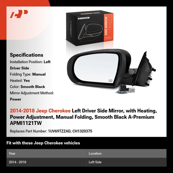 2014-2018 Jeep Cherokee Left Driver Side Mirror, with Heating, Power Adjustment, Manual Folding, Smooth Black A-Premium APMI1121TW
