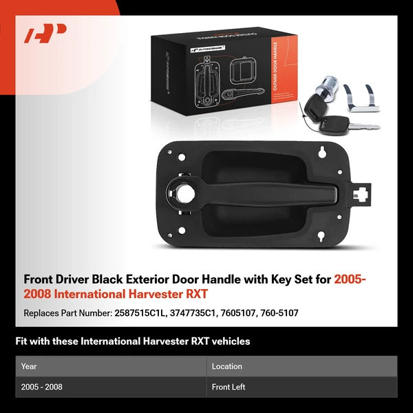 Front Driver Black Exterior Door Handle with Key Set for 2005-2008 International Harvester RXT