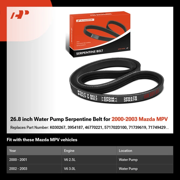 26.8 inch Water Pump Serpentine Belt for 2000-2003 Mazda MPV