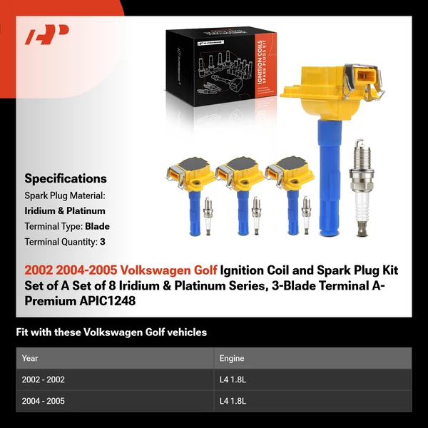 2002 2004-2005 Volkswagen Golf Ignition Coil and Spark Plug Kit Set of A Set of 8 Iridium & Platinum Series, 3-Blade Terminal A-Premium APIC1248
