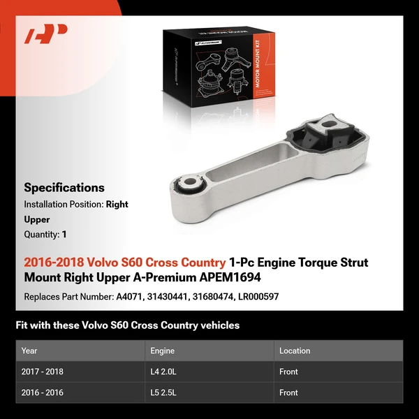2016-2018 Volvo S60 Cross Country 1-Pc Engine Torque Strut Mount Right Upper A-Premium APEM1694