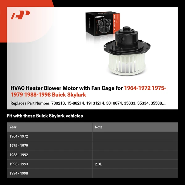 HVAC Heater Blower Motor with Fan Cage for 1964-1972 1975-1979 1988-1998 Buick Skylark