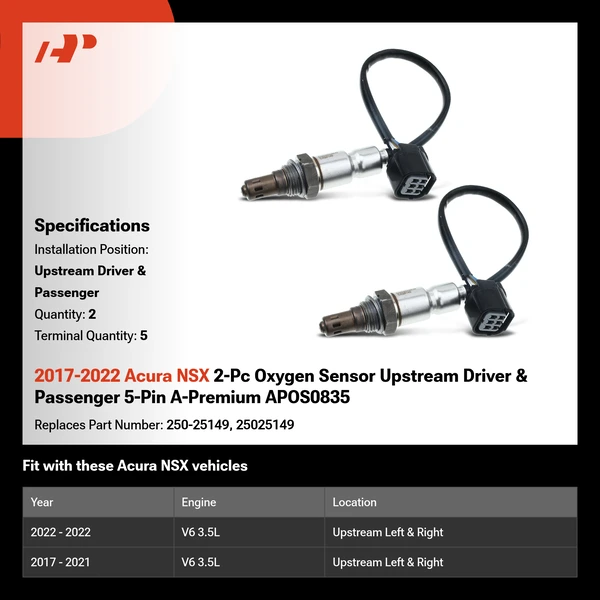 2017-2022 Acura NSX 2-Pc Oxygen Sensor Upstream Driver & Passenger 5-Pin A-Premium APOS0835