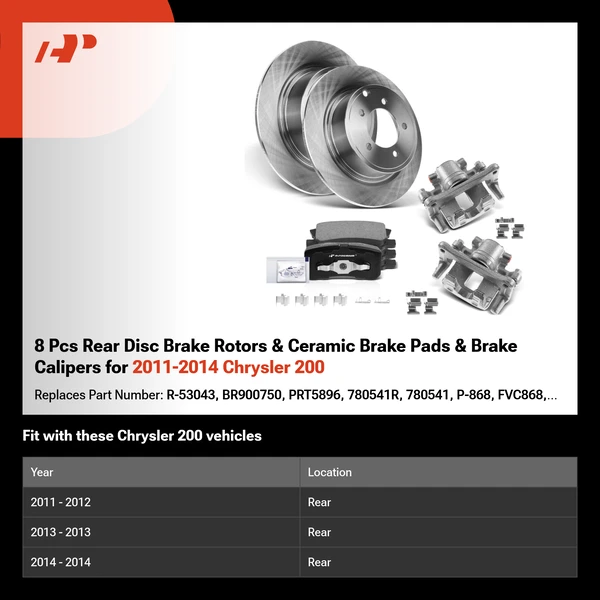 8 Pcs Rear Disc Brake Rotors & Ceramic Brake Pads & Brake Calipers for 2011-2014 Chrysler 200