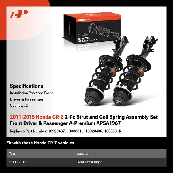 2011-2015 Honda CR-Z 2-Pc Strut and Coil Spring Assembly Set Front Driver & Passenger A-Premium APSA1967
