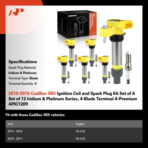 2010-2016 Cadillac SRX Ignition Coil and Spark Plug Kit Set of A Set of 12 Iridium & Platinum Series, 4-Blade Terminal A-Premium APIC1209