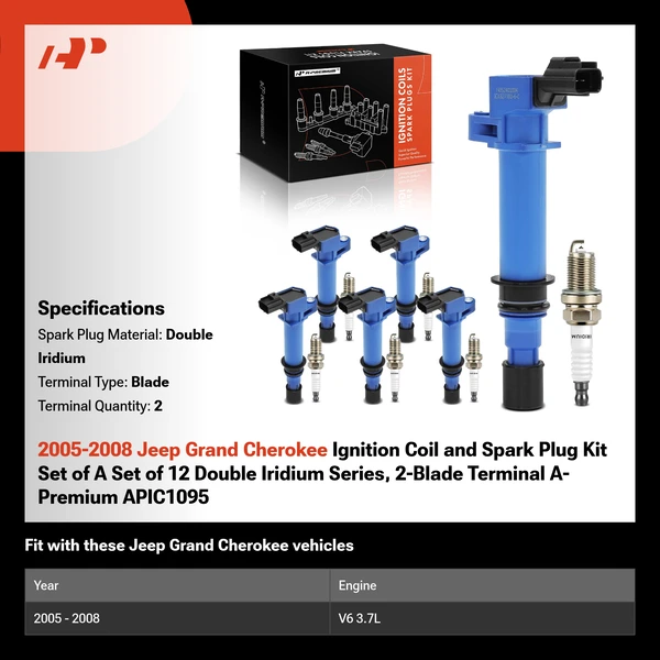 2005-2008 Jeep Grand Cherokee Ignition Coil and Spark Plug Kit Set of A Set of 12 Double Iridium Series, 2-Blade Terminal A-Premium APIC1095