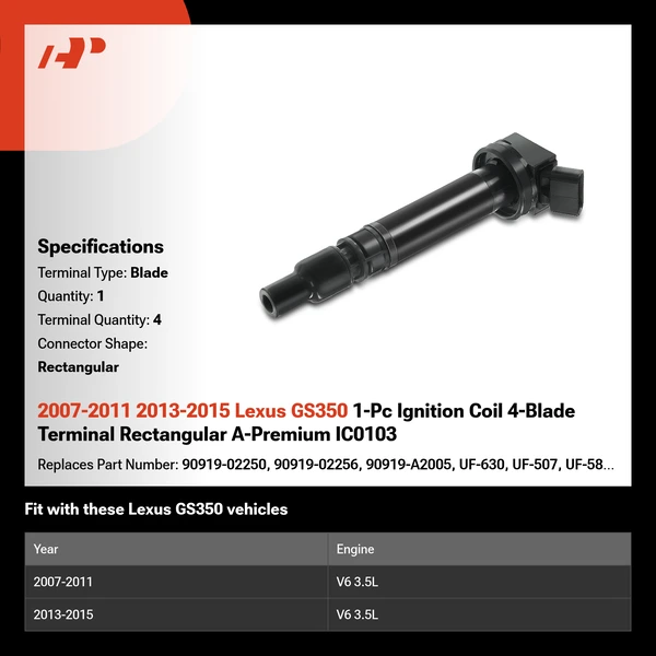 2007-2011 2013-2015 Lexus GS350 1-Pc Ignition Coil 4-Blade Terminal Rectangular A-Premium IC0103