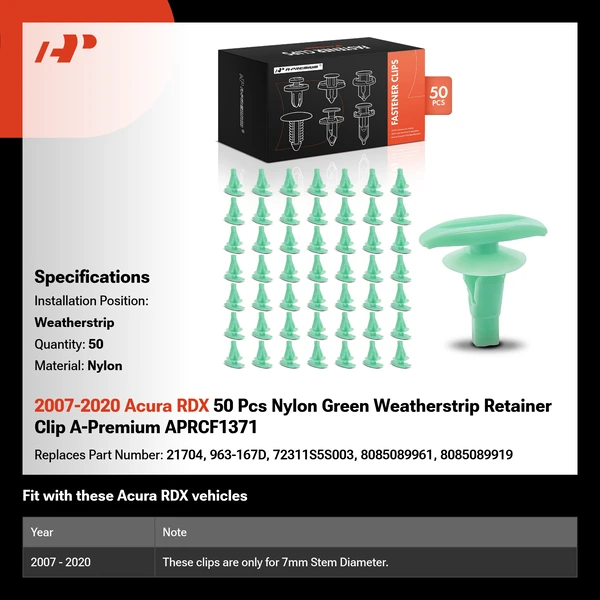 2007-2020 Acura RDX 50 Pcs Nylon Green Weatherstrip Retainer Clip A-Premium APRCF1371