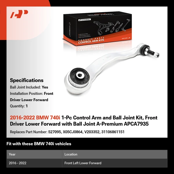2016-2022 BMW 740i 1-Pc Control Arm and Ball Joint Kit, Front Driver Lower Forward with Ball Joint A-Premium APCA7935