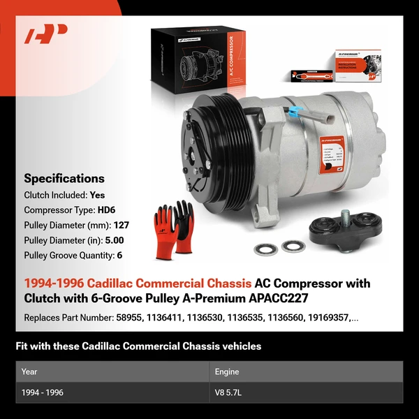 1994-1996 Cadillac Commercial Chassis AC Compressor with Clutch with 6-Groove Pulley A-Premium APACC227