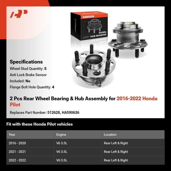 2 Pcs Rear Wheel Bearing & Hub Assembly for 2016-2022 Honda Pilot