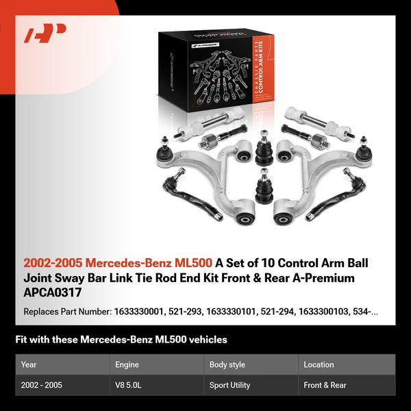2002-2005 Mercedes-Benz ML500 A Set of 10 Control Arm Ball Joint Sway Bar Link Tie Rod End Kit Front & Rear A-Premium APCA0317