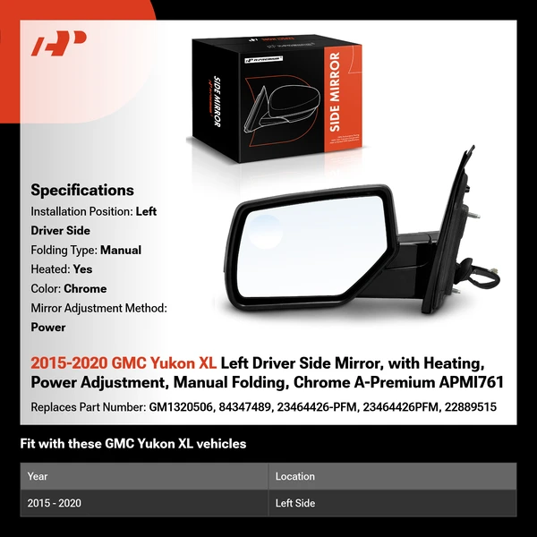 2015-2020 GMC Yukon XL Left Driver Side Mirror, with Heating, Power Adjustment, Manual Folding, Chrome A-Premium APMI761