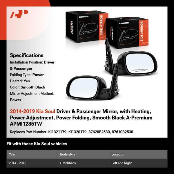 2014-2019 Kia Soul Driver & Passenger Mirror, with Heating, Power Adjustment, Power Folding, Smooth Black A-Premium APMI1285TW