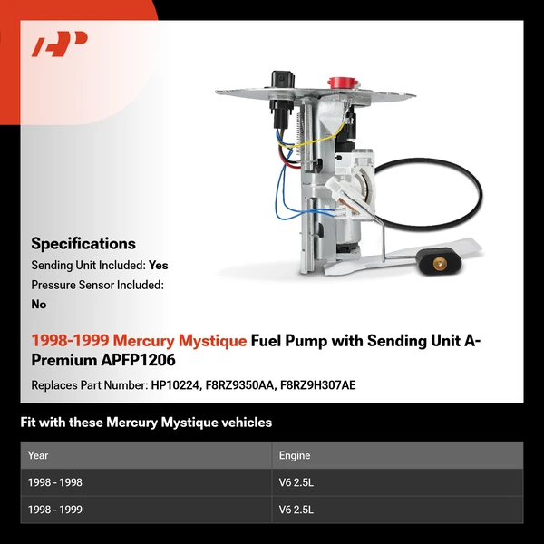 1998-1999 Mercury Mystique Fuel Pump with Sending Unit A-Premium APFP1206