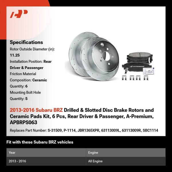 2013-2016 Subaru BRZ Drilled & Slotted Disc Brake Rotors and Ceramic Pads Kit, 6 Pcs, Rear Driver & Passenger, A-Premium, APBRPS063