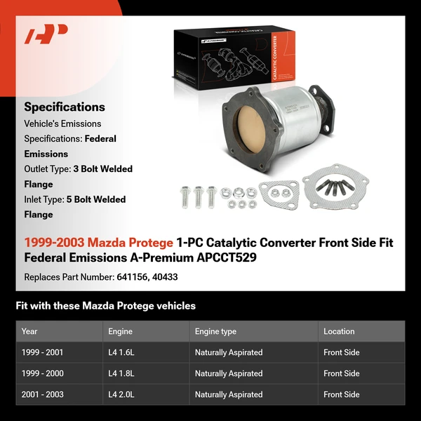 1999-2003 Mazda Protege 1-PC Catalytic Converter Front Side Fit Federal Emissions A-Premium APCCT529