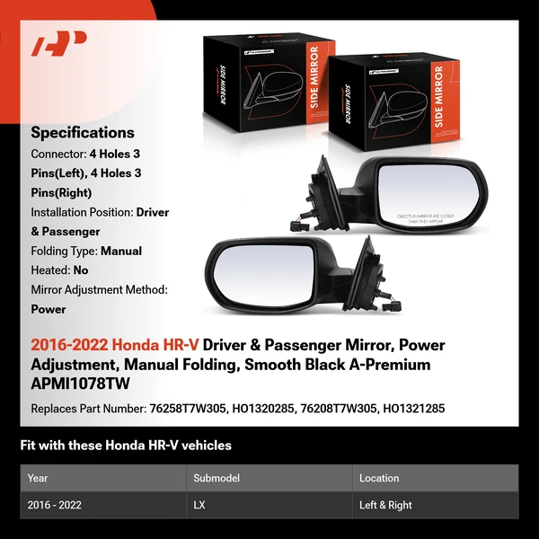 2016-2022 Honda HR-V Driver & Passenger Mirror, Power Adjustment, Manual Folding, Smooth Black A-Premium APMI1078TW