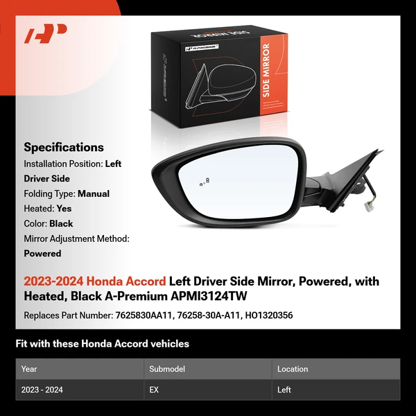 2023-2024 Honda Accord Left Driver Side Mirror, with Heating, Power Adjustment, Manual Folding, Black A-Premium APMI3124TW