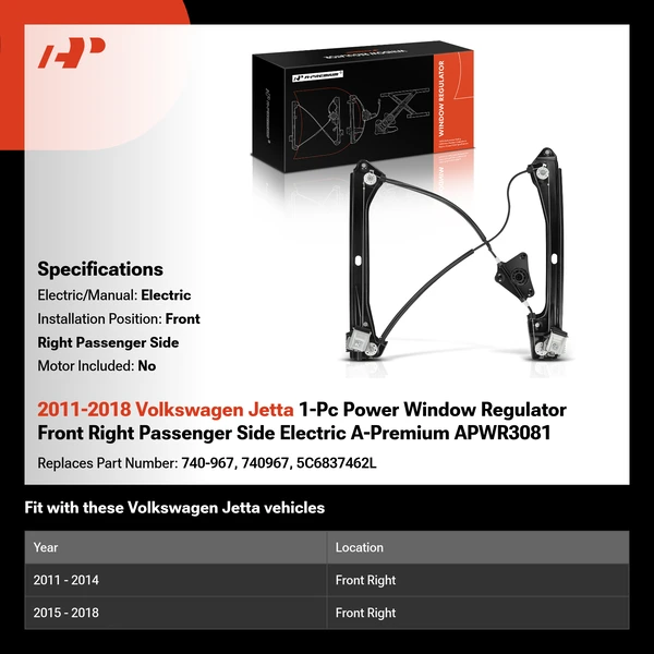 2011-2018 Volkswagen Jetta 1-Pc Power Window Regulator Front Right Passenger Side Electric A-Premium APWR3081