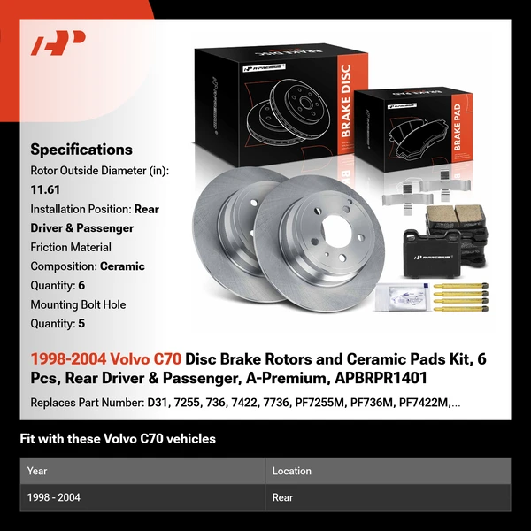 1998-2004 Volvo C70 Disc Brake Rotors and Ceramic Pads Kit, 6 Pcs, Rear Driver & Passenger, A-Premium, APBRPR1401