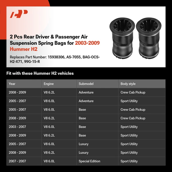 2 Pcs Rear Driver & Passenger Air Suspension Spring Bags for 2003-2009 Hummer H2