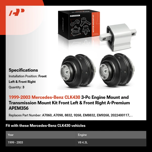 1999-2003 Mercedes-Benz CLK430 3-Pc Engine Mount and Transmission Mount Kit Front Left & Front Right A-Premium APEM356