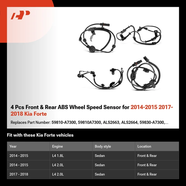 4 Pcs Front & Rear ABS Wheel Speed Sensor for 2014-2015 2017-2018 Kia Forte