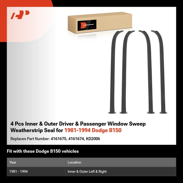 4 Pcs Inner & Outer Driver & Passenger Window Sweep Weatherstrip Seal for 1981-1994 Dodge B150