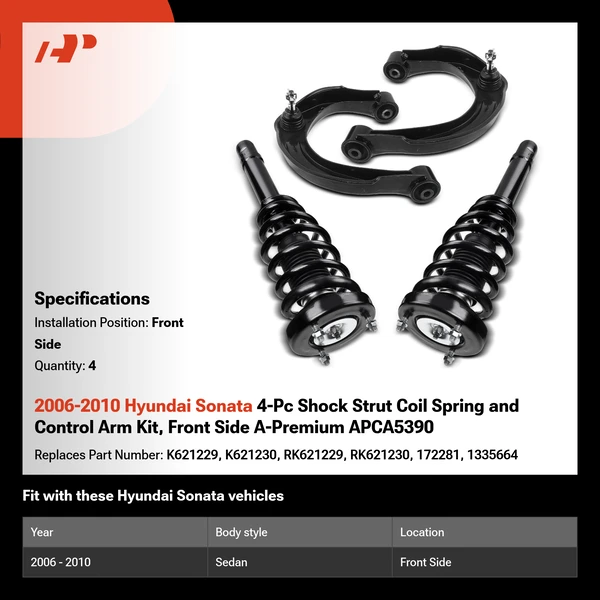2006-2010 Hyundai Sonata 4-Pc Shock Strut Coil Spring and Control Arm Kit, Front Side A-Premium APCA5390