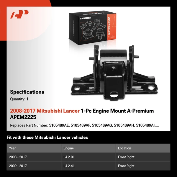 2008-2017 Mitsubishi Lancer 1-Pc Engine Mount A-Premium APEM2225