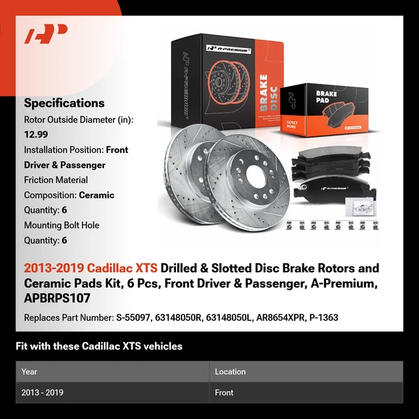 2013-2019 Cadillac XTS Drilled & Slotted Disc Brake Rotors and Ceramic Pads Kit, 6 Pcs, Front Driver & Passenger, A-Premium, APBRPS107