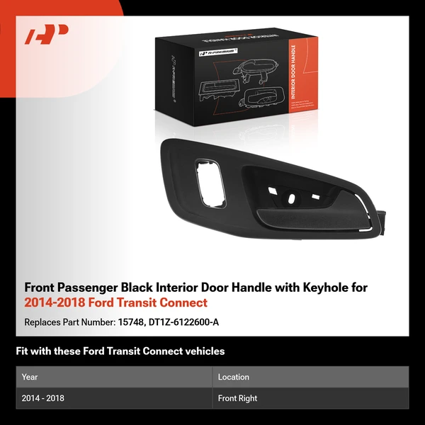 Front Passenger Black Interior Door Handle with Keyhole for 2014-2018 Ford Transit Connect