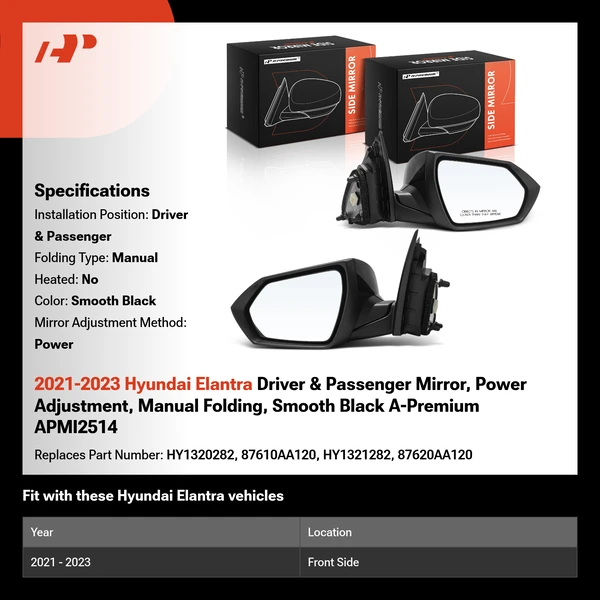 2021-2023 Hyundai Elantra Driver & Passenger Mirror, Power Adjustment, Manual Folding, Smooth Black A-Premium APMI2514