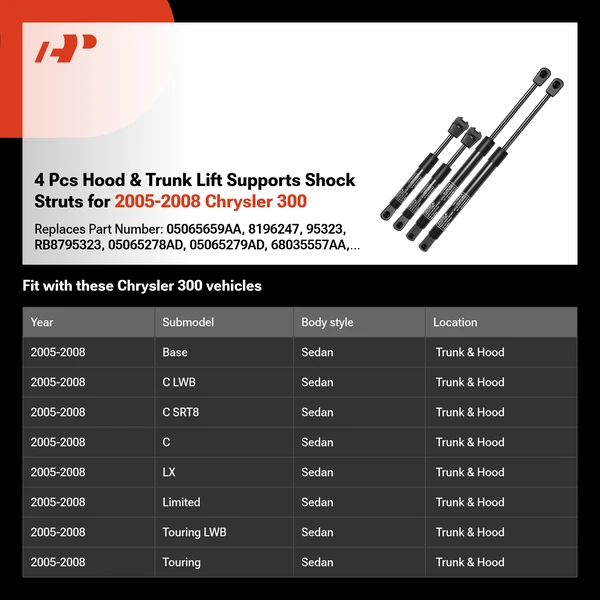 4 Pcs Hood & Trunk Lift Supports Shock Struts for 2005-2008 Chrysler 300