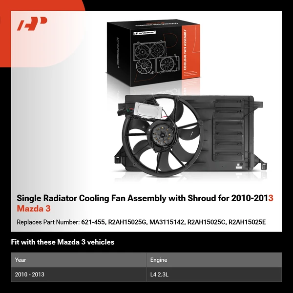 Single Radiator Cooling Fan Assembly with Shroud for 2010-2013 Mazda 3